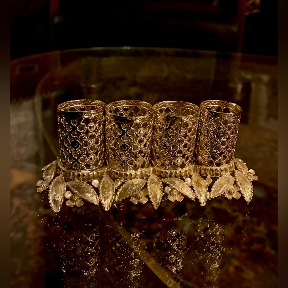 Hollywood Regency Gold Tone Filigree 4 Tube Lipstick Holder